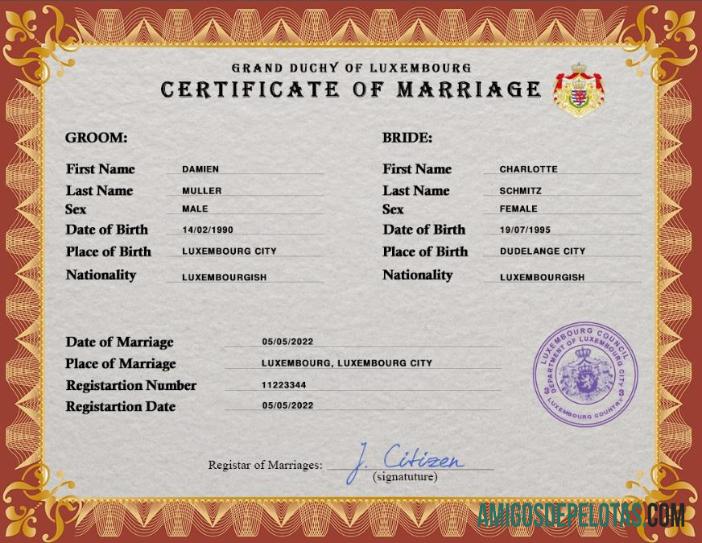 Em branco modelo PSD de certidão de casamento em Luxemburgo